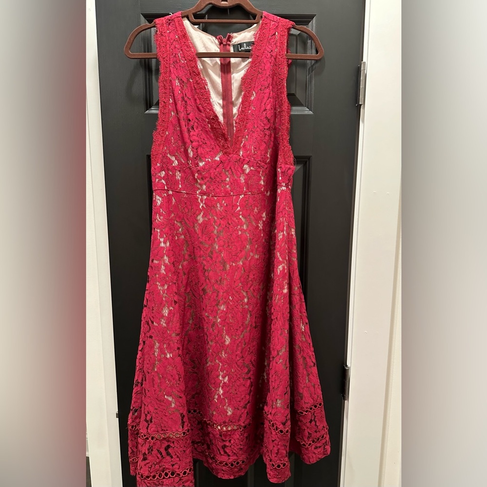 Cranberry lace over nude slip lulus dress